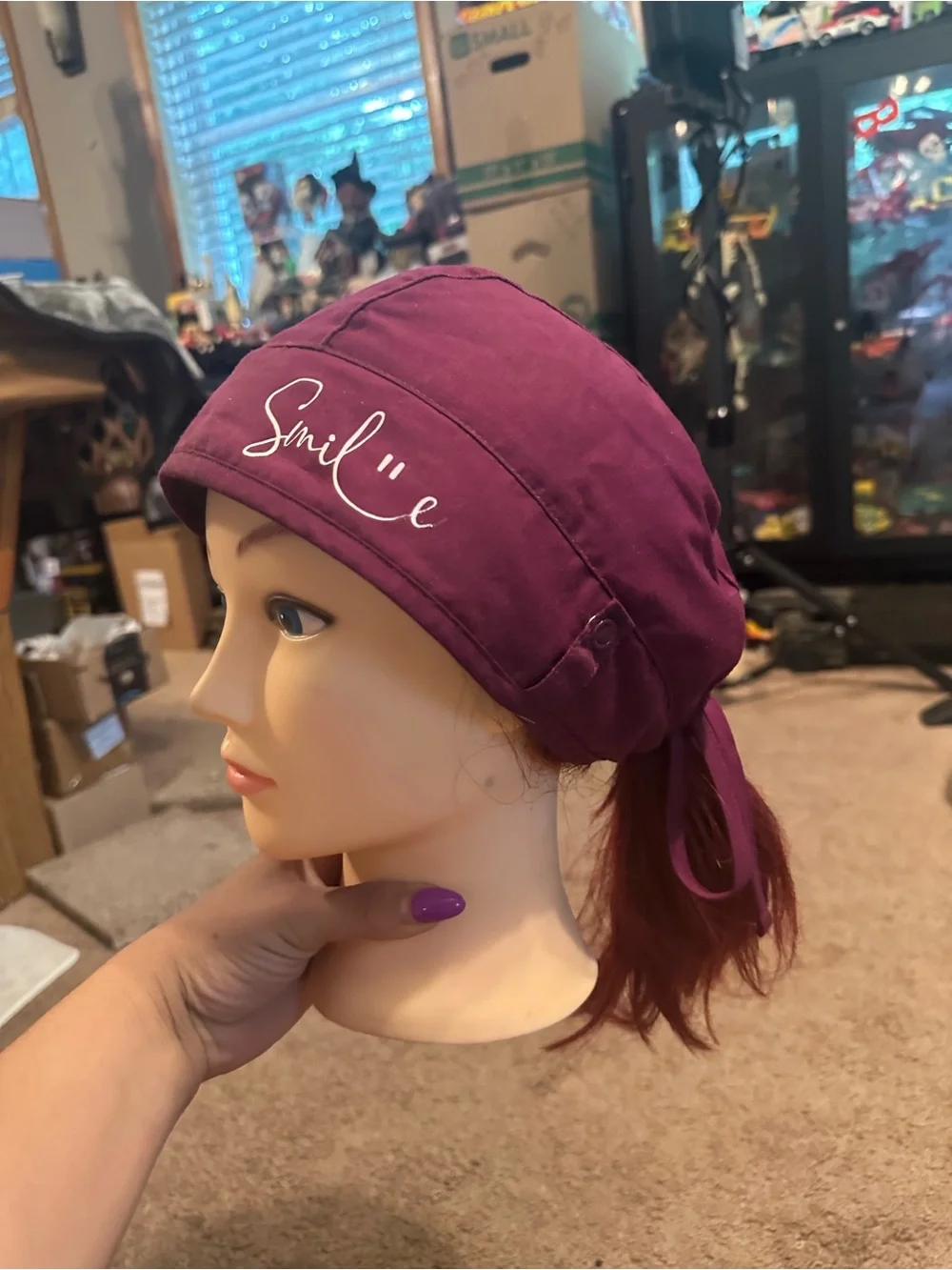 Smile Embroidered Women's Tie-Back Scrub Cap - Plum